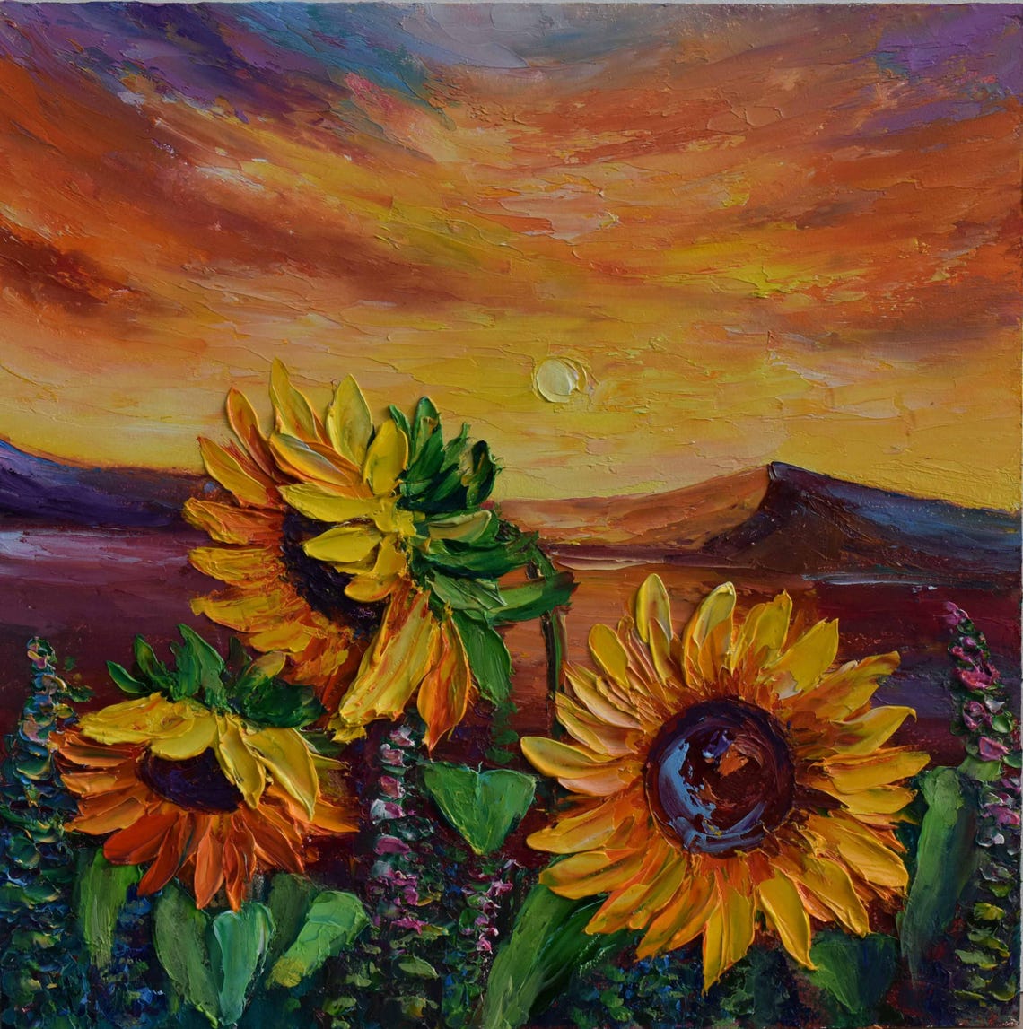 Sunflowers Painting Landscape Painting Colorful Sunset Art Sunflowers Landscape Flower Painting Impasto Oil Painting Sunflower Art Summer - Image 3