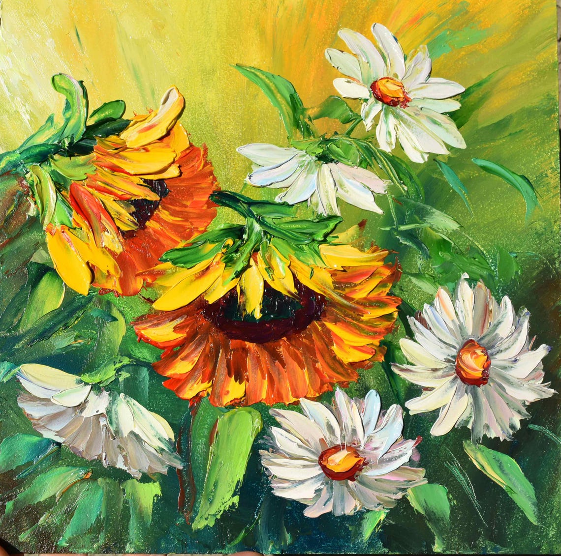 Sunflowers Oil Art Landscape Painting Sunflowers Painting Daisies Painting Impasto Painting Floral Artwork Yellow Flower Art Textured Wall