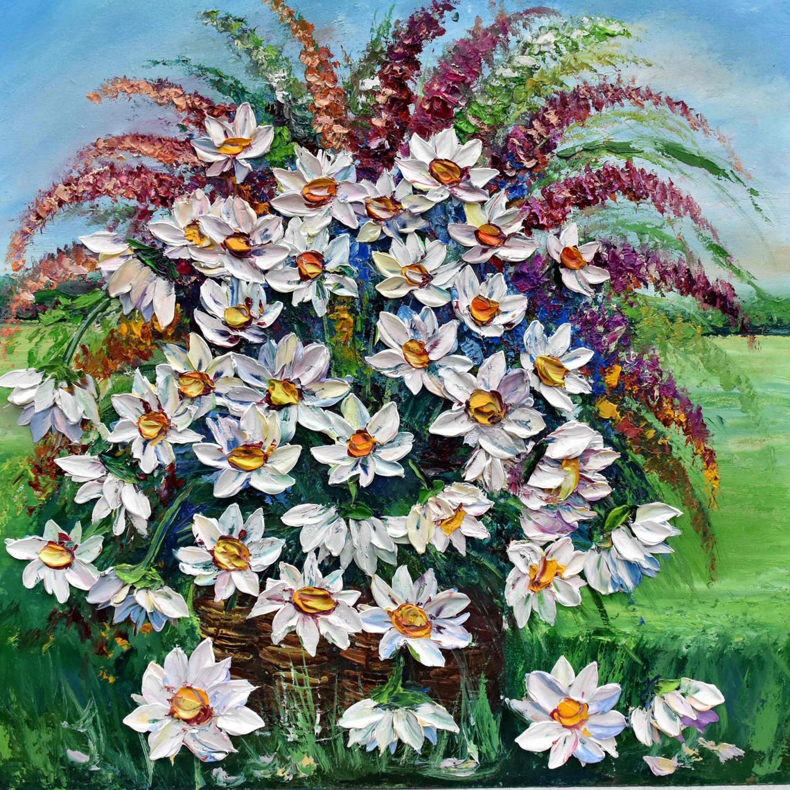 Meadow Flowers In A Basket Painting Painting Daisies Art White Daisy Art Flower Meadow Art Impasto Oil Painting White Flower Art Flower
