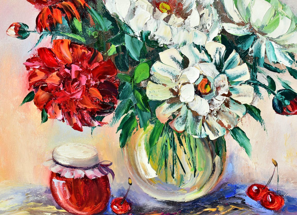 Pink Peonies Art Kitchen Art Food White Peonies Art Peony Oil Painting Palette Knife Art Peony Painting Peony Flower Art Pink Peony Flower - Image 4