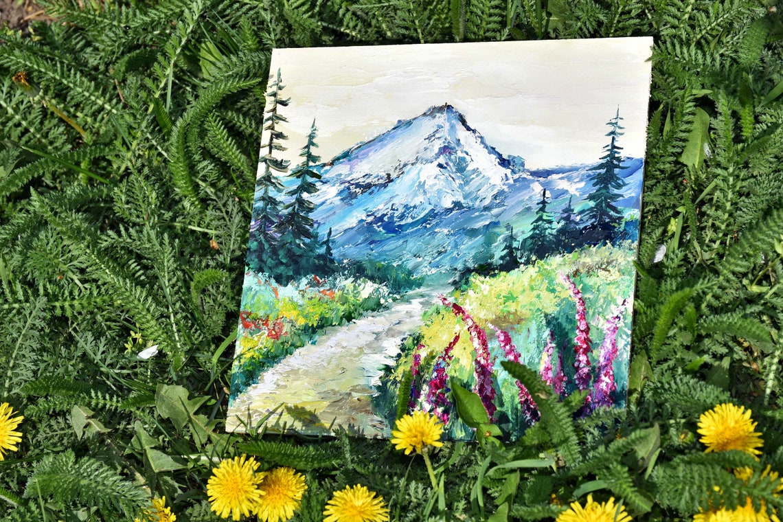 Abstract Mountains Palette Knife Art Wildflowers Oil Art Mountain Landscape Miniature Art Oil Art Modern Impasto Wall Art Painting Meadow - Image 2