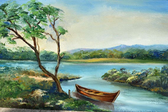 Boat On The River Art Landscape Painting Boat On The Lake Lake Painting Landscape Oil River Landscape Painting In Oil Art Fishing Oil Art