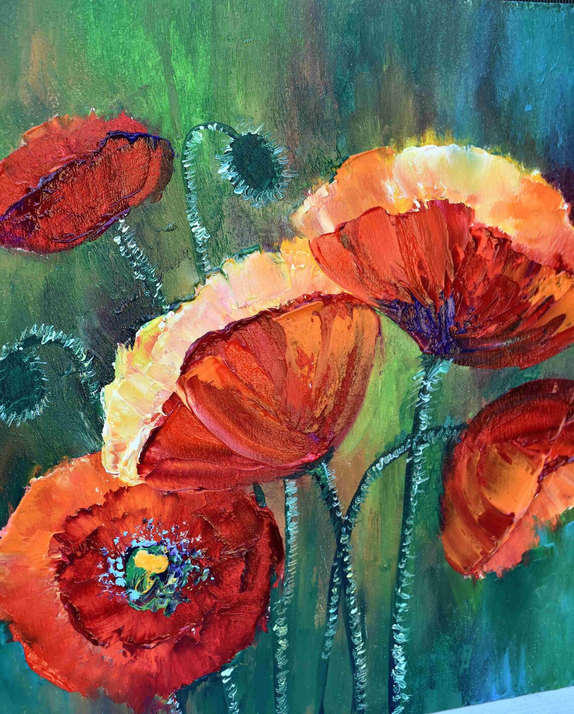 Red Orange Poppies Green Field Impasto Brush Flower Oil Wall Art - Image 2