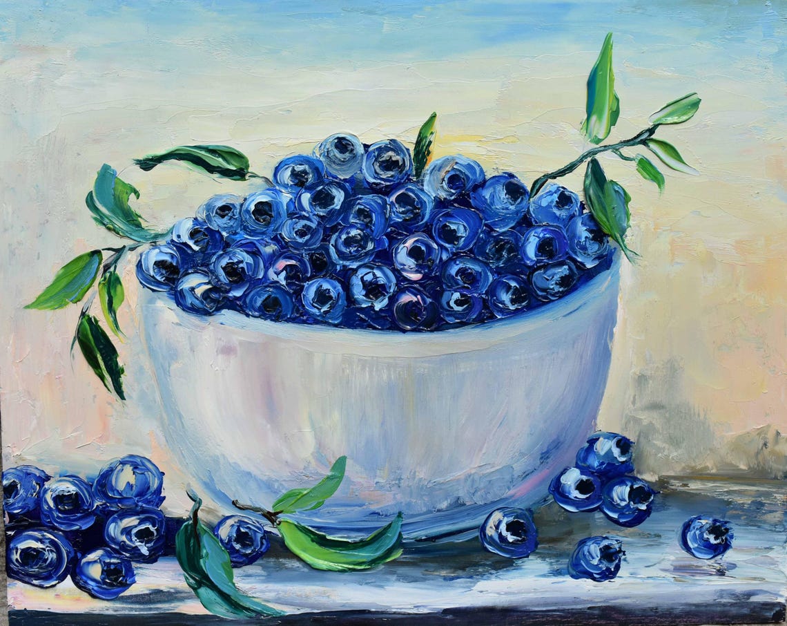 Blueberry Bowl Framed Kitchen Still Life Oil Painting Food Poster - Image 3