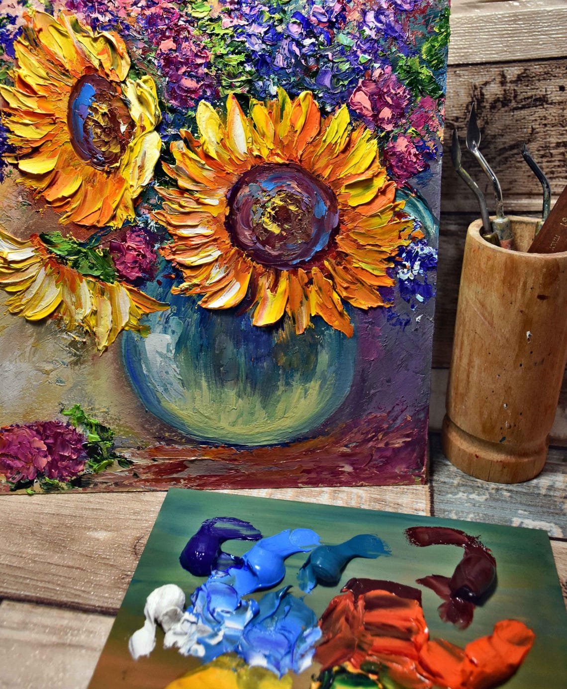 Orange Flower Art Sunflowers Painting Wildflowers Painting Sunflowers Art Still Life Wall Vase Art Impasto Oil Painting Palette Knife Art - Image 2