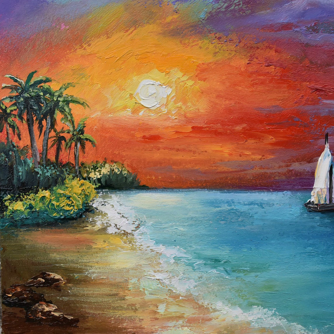 Tropical Sunset Beach With Palm Trees And Sailboat Art Poster - Image 4