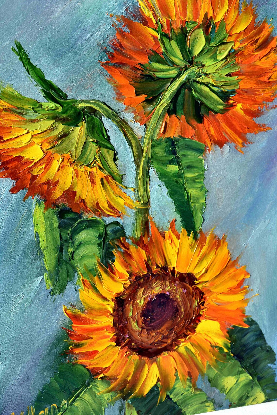Golden Sunflower Trio Close Up Thick Impasto Oil Painting Poster