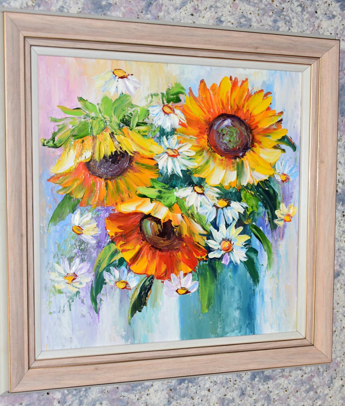 Sunflowers Oil Art Sunflowers Painting Daisies Painting Impasto Painting Floral Artwork Oil Art Yellow Flower Art Chamomile Still Life - Image 3