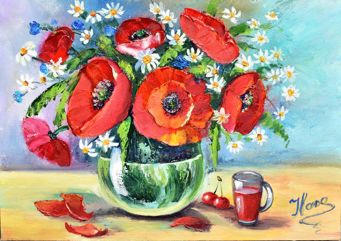 Poppy Painting Kitchen Art Food Impasto Painting Red Poppies Art Flowers Painting Poppies In A Vase Art Meadow Flowers Still Life Painting