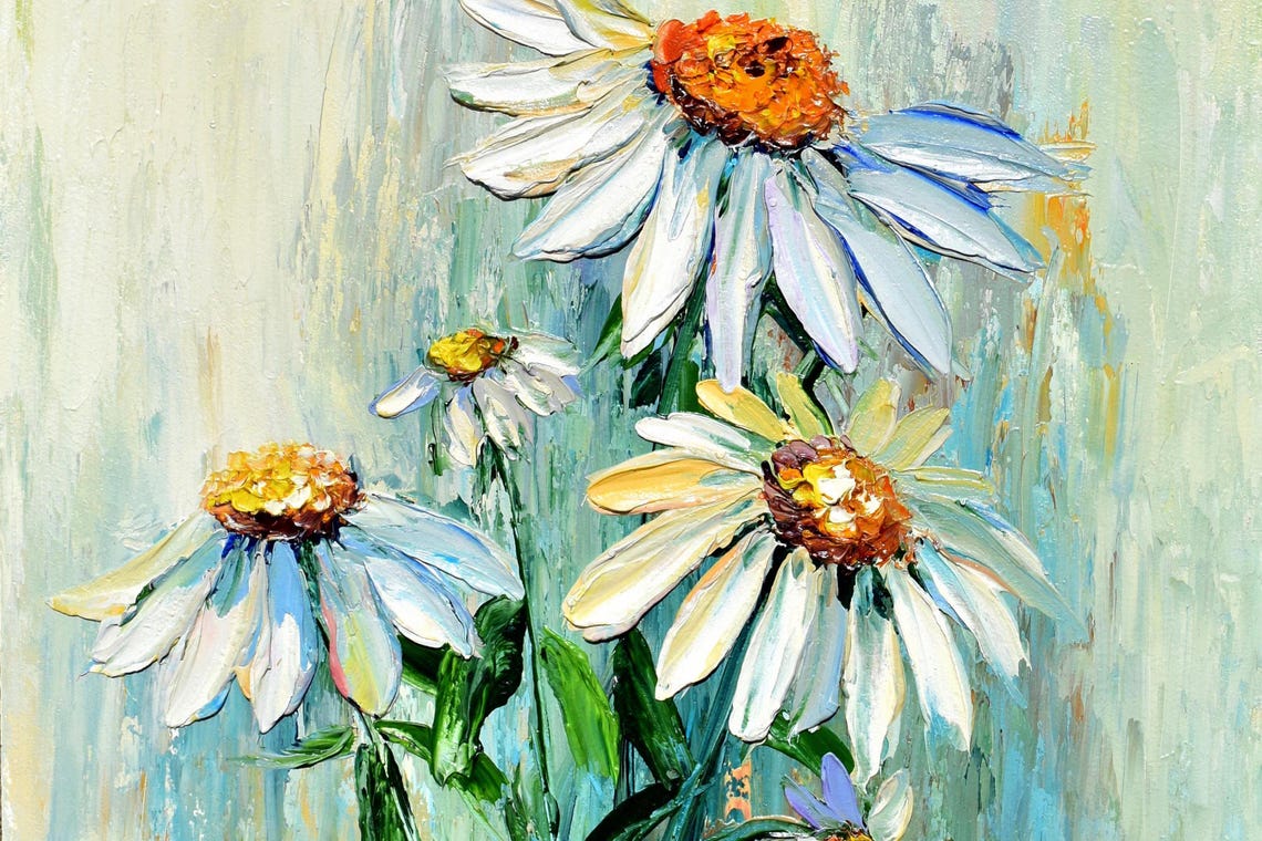 White Flower Art Daisy Wall Art Flowers Painting White Daisies Art Chamomile Oil Painting Flowers Impasto Knife Oil Painting Meadow Painting - Image 4