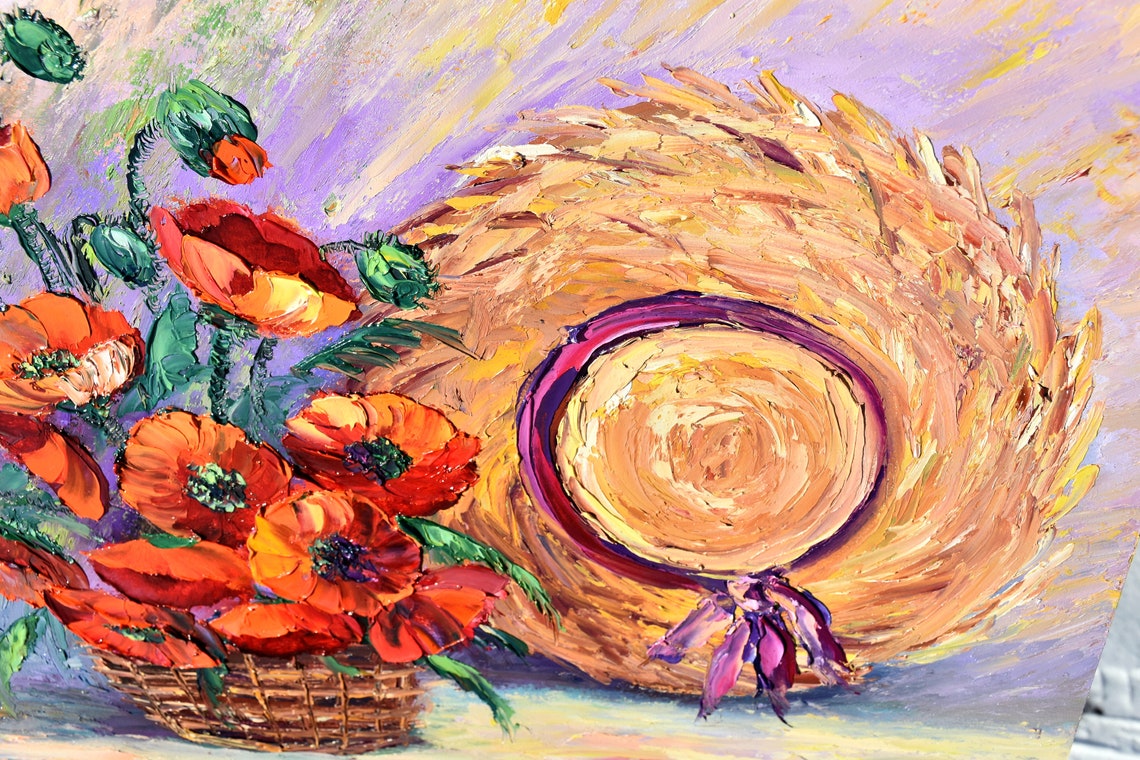 Red Poppy Painting Poppies Painting Poppy Wall Art Flower Artwork Basket Of Poppies Art Poppy Flowers Impasto Painting Red Floral Art Flower - Image 3