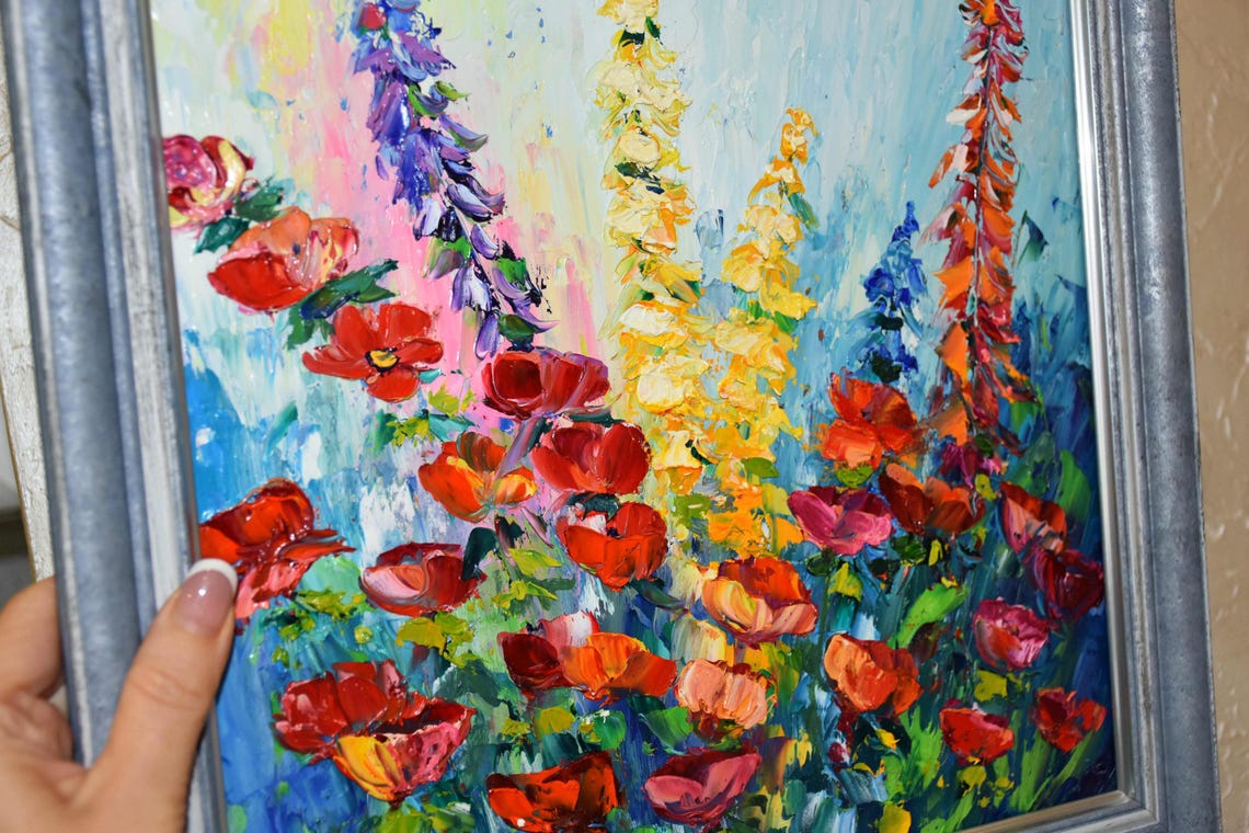 Poppy Oil Painting Landscape Painting Poppy Wall Art Impasto Oil Painting California Poppy Art Floral Artwork Red Poppy Painting Original - Image 3