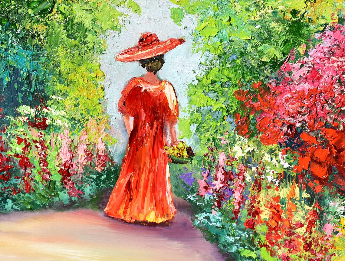 Lady Red Dress Flower Garden Summer Stroll Oil Painting Woman Poster - Image 2