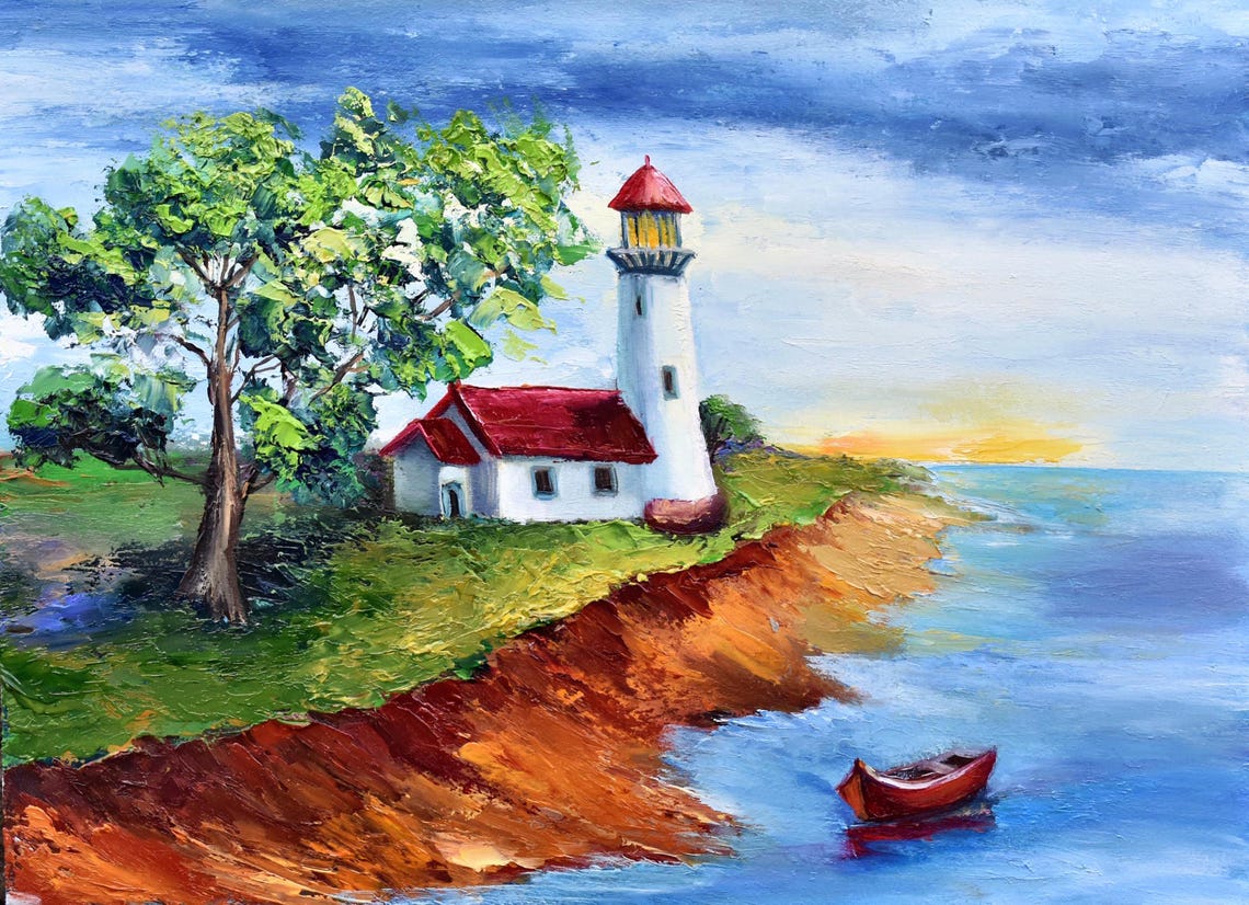 Seascape Painting Lighthouse Art Landscape Painting Beach Painting Tropical Landscape Mediterranean Art Colorful Sunset Oil Art Seascape Art
