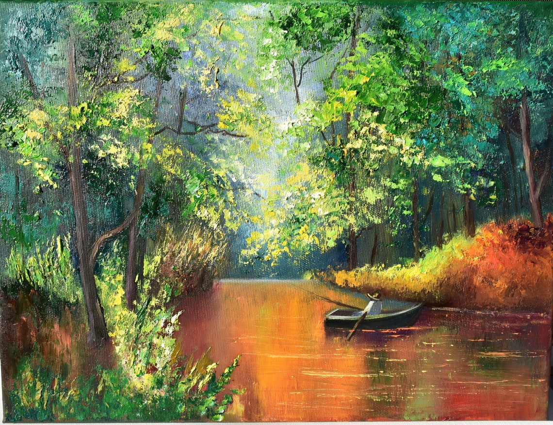 Fisherman On The Lake Art Autumn Painting Lake Fisherman Art Painting Landscape Art Fall Art Lake Wall Art Fisherman Fishing - Image 5