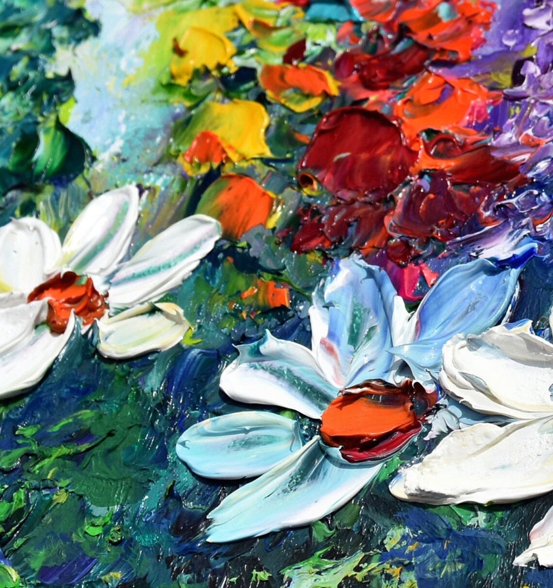 White Cosmos And Red Poppies Wildflower Meadow Oil Art Poster - Image 3