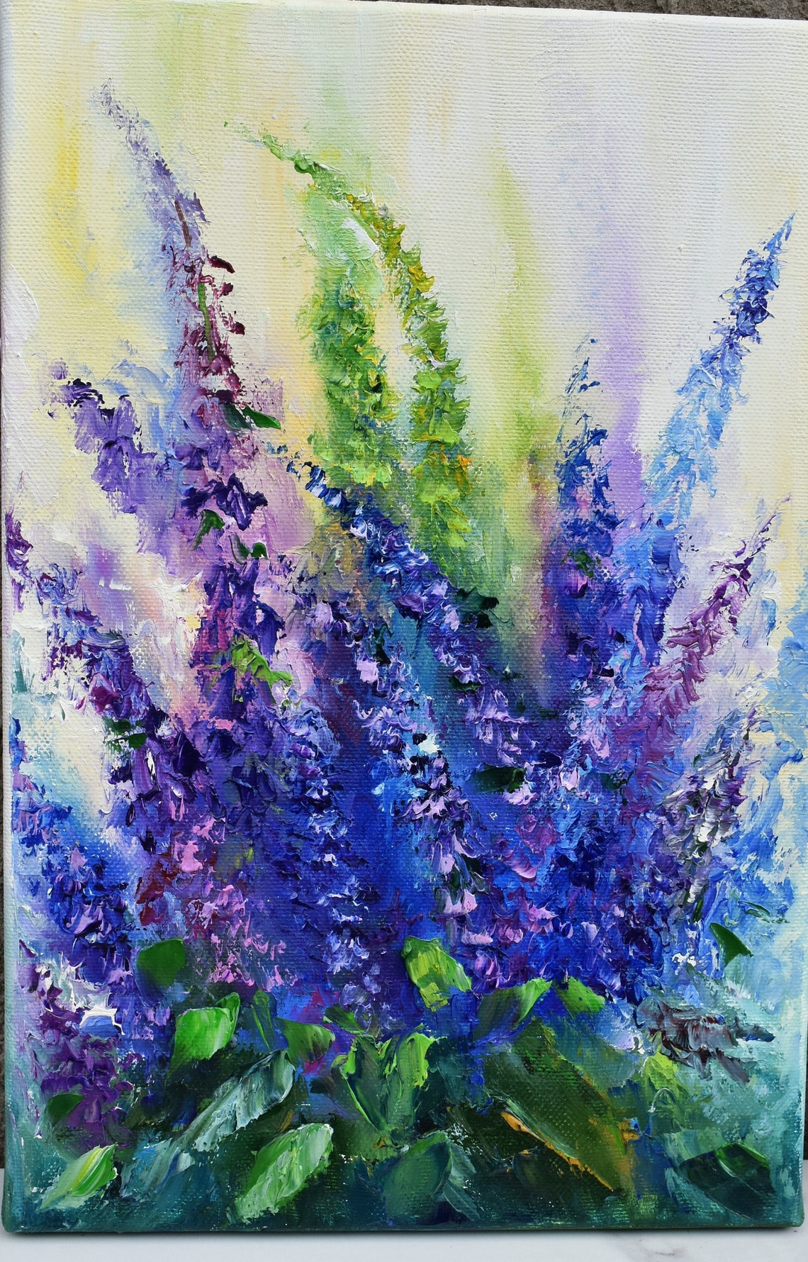 Blue and Purple Flower Spikes Soft Pastel Impasto Oil Painting Print