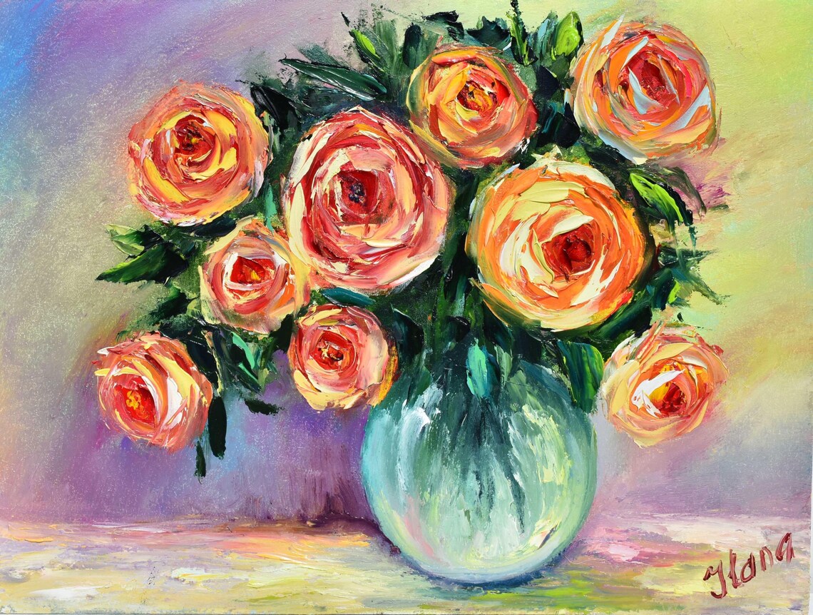 Peach Yellow Roses Teal Vase Soft Pastel Impasto Oil Painting Poster