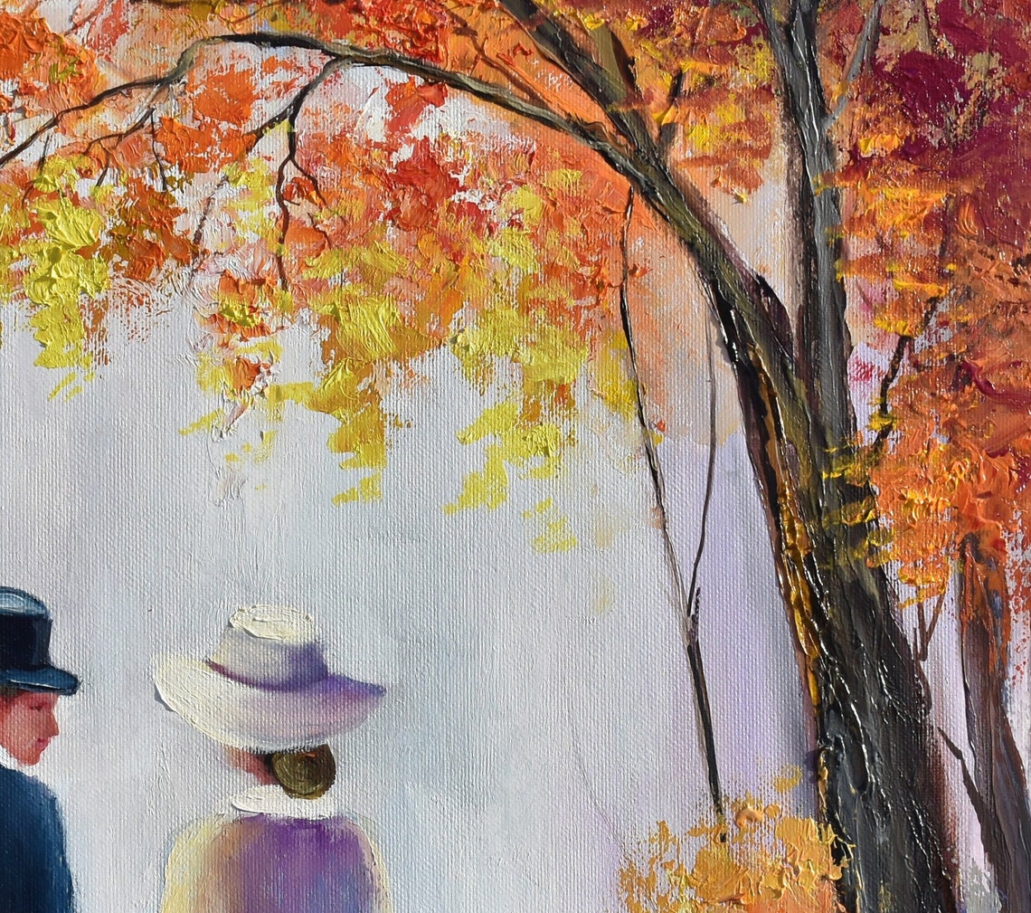 Romantic Couple on Park Bench Under Autumn Trees Oil Painting Poster - Image 3