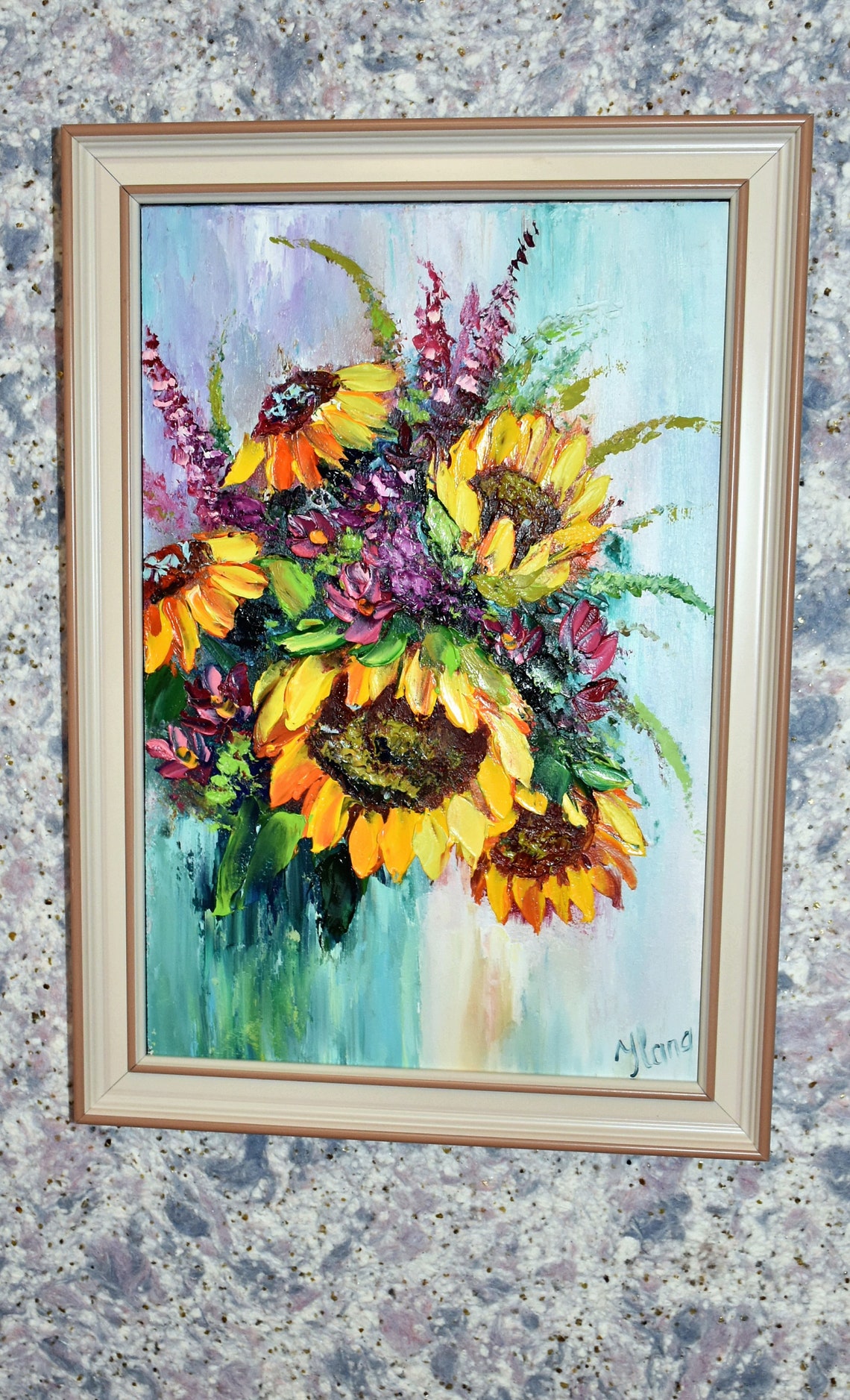 Sunflowers Flowers Sunflowers Art Original Oil Art Sunflower Wall Art Yellow Flower Art Oil Art Textured Blue Wildflowers Art Floral Artwork - Image 4