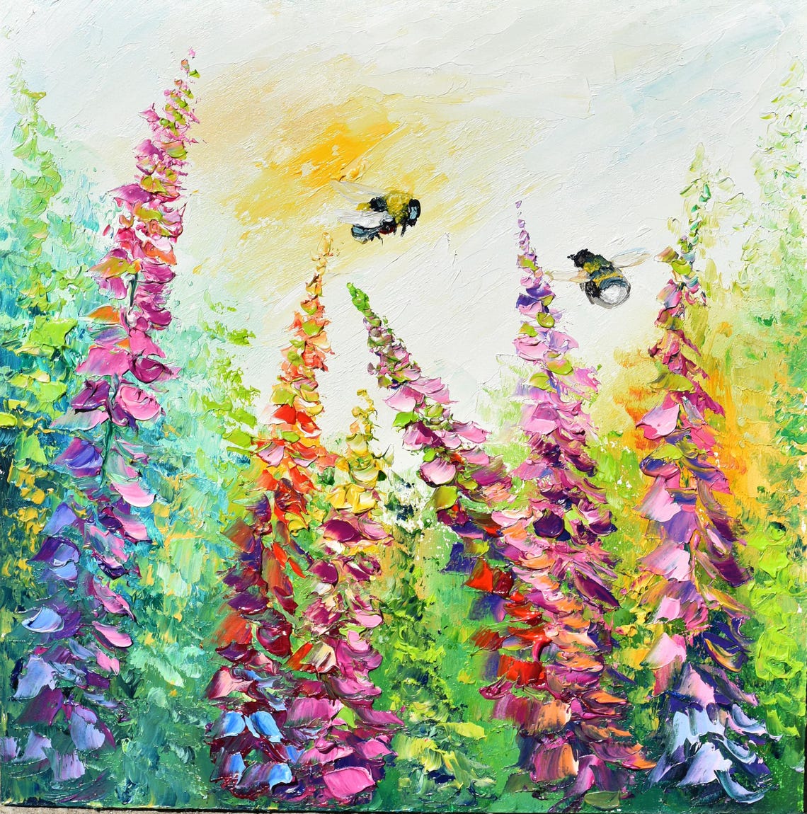Meadow Wall Art Landscape Painting Bee Art Palette Knife Art Honey Bee Art Flowers Oil Painting Pink Flower Art Wall Oil Painting Flower