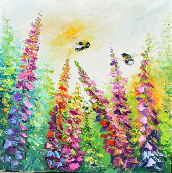 Meadow Wall Art Landscape Painting Bee Art Palette Knife Art Honey Bee Art Flowers Oil Painting Pink Flower Art Wall Oil Painting Flower