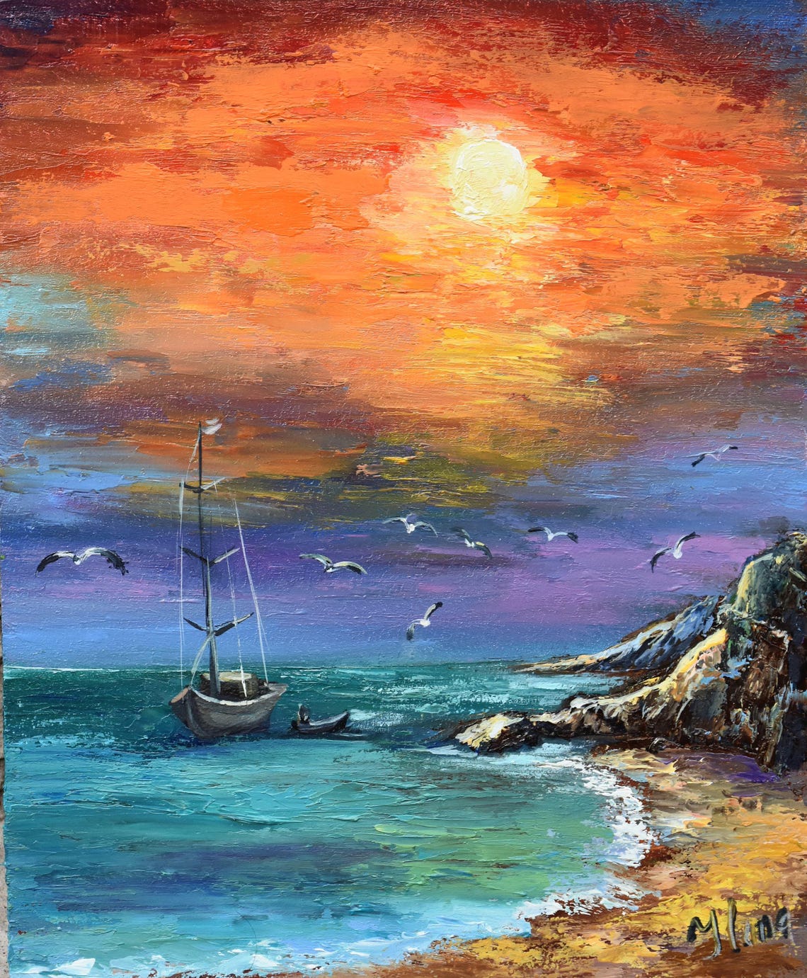 Mediterranean Art Painting Sea Sailboat Artwork Ocean Paintings Seascape Artwork Coast Oil Painting Landscape Wall Art Painting Sea Colorful