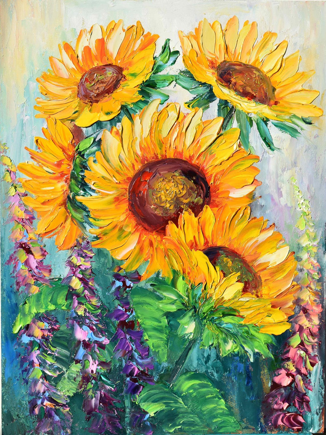 Sunflower Painting Landscape Painting Sunflowers Oil Art Sunflower Art Sunflower Room Decor Yellow Flower Art Lupine Flower Fields Purple