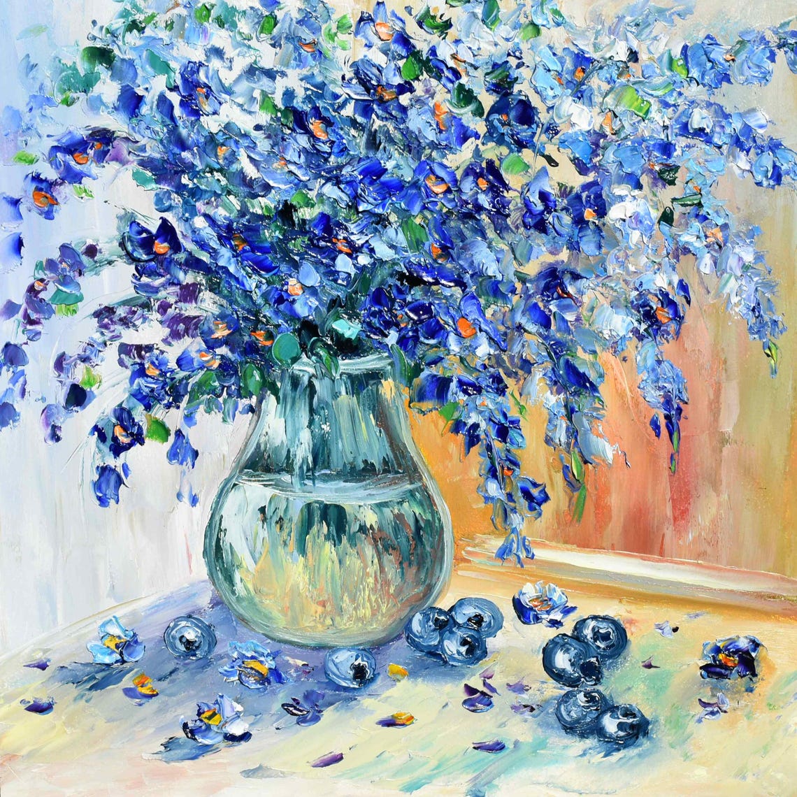 Blue Flower Painting Still Life Painting Blueberry Art Wildflowers Oil Art Purple Flowers Painting Impasto Painting Palette Knife Art Oil