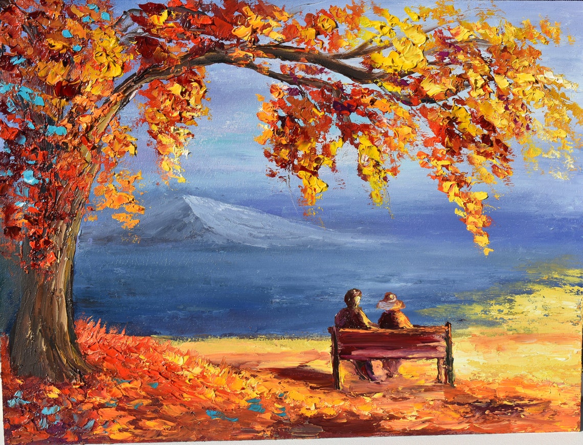 Fall Art Autumn Painting People In Love Art Forest Landscape Art Autumn Landscape Sunset Nature Sunset Landscape Oil Art River Bank Painting