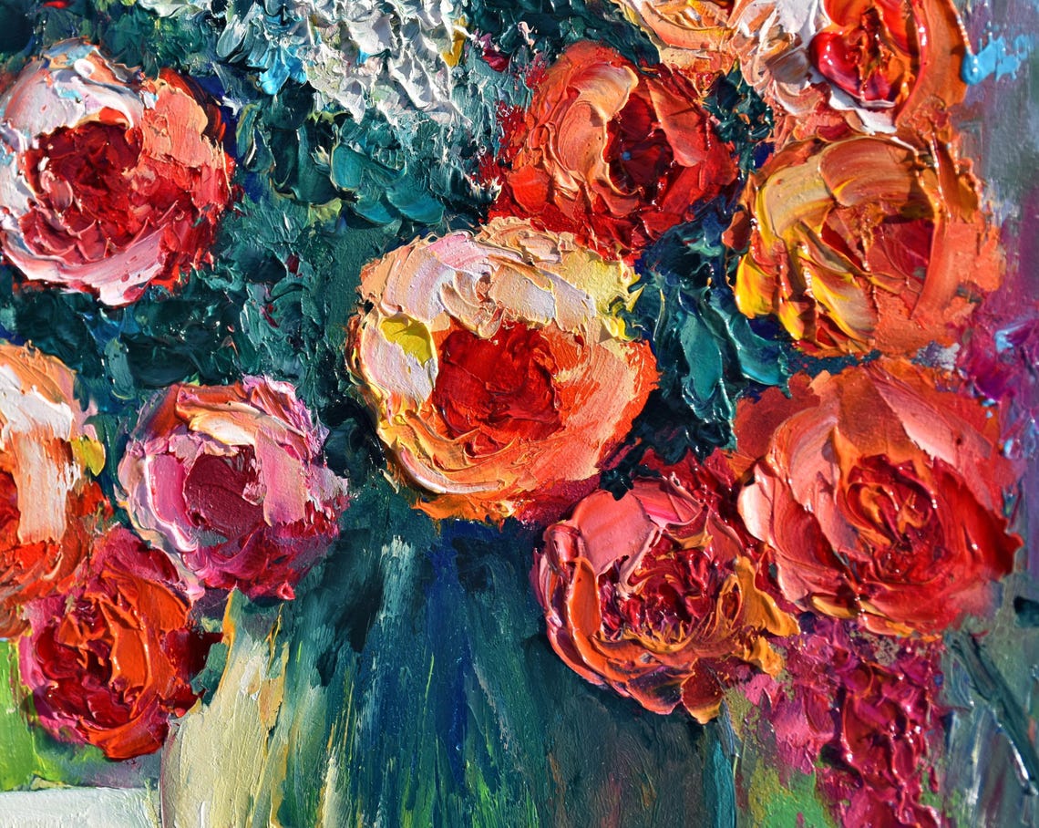 Roses Oil Painting Rose Flowers Art Painting Flowers Painting Flower Meadow Painting Oil Painting Pink White Flower Oil Original Painting In - Image 3