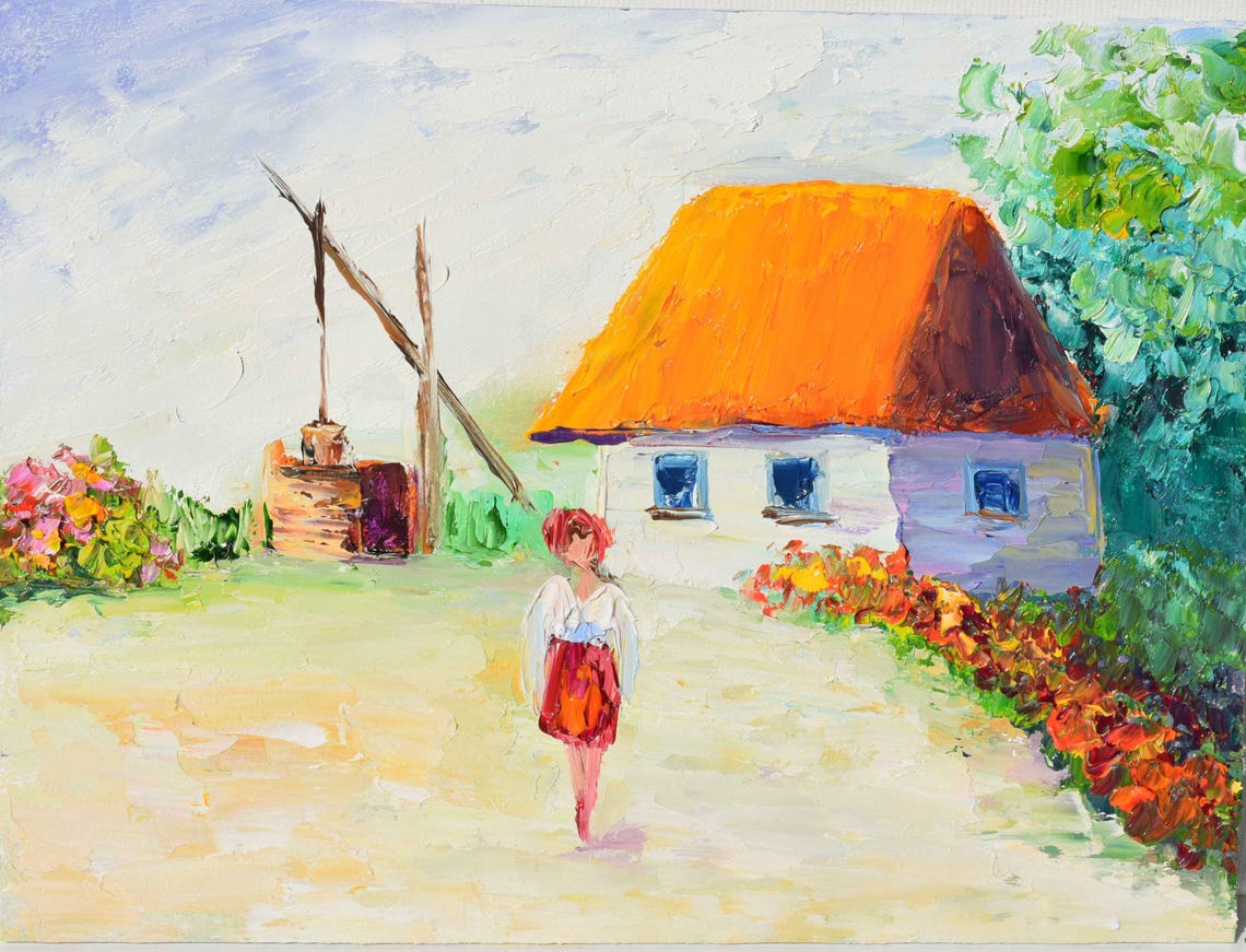 Ukrainian House Art Folk Art Painting Ukraine Art Ukrainian Landscape Ukrainian Flowers Impasto Painting Original Oil Art Ukrainian Art Ukra
