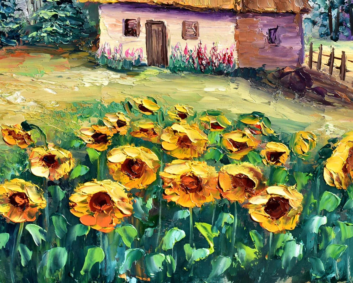 Ukrainian Art Summer Landscape Art Impasto Painting Sunflowers Art 3d Oil Painting Textured Painting Landscape Wall Art Summer Flower Art - Image 3