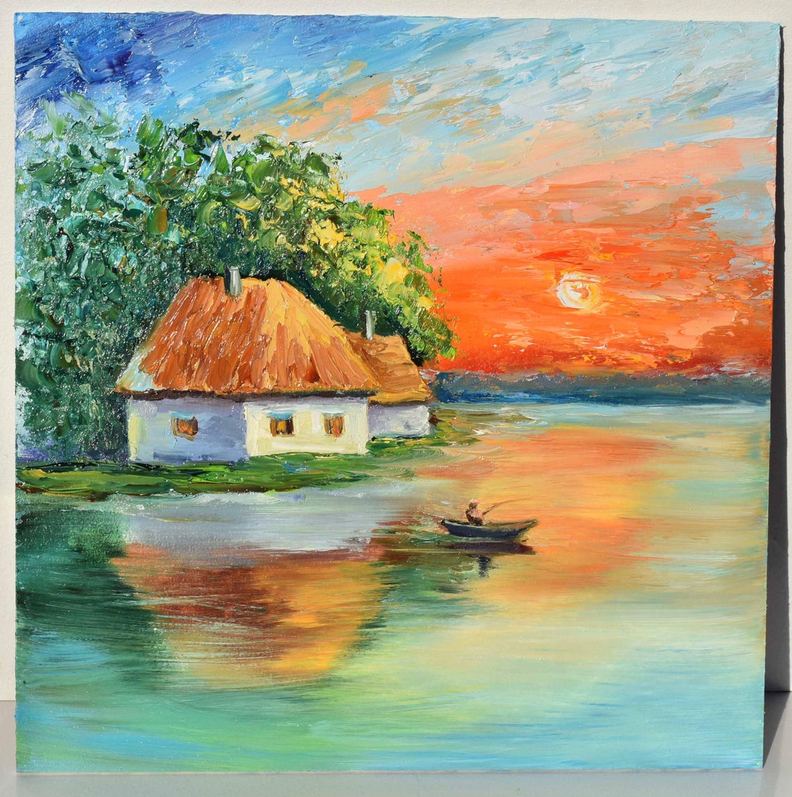 Fisherman In Boat On Lake At Orange Sunset Evening Art Poster
