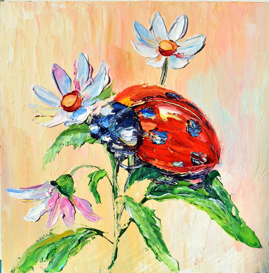 Ladybugs Painting Small Wall Art 8 X 8 Ladybug Art Couple In Love Art Pink Flowers Art Summer Meadow Art Landscape Painting Meadow Flowers