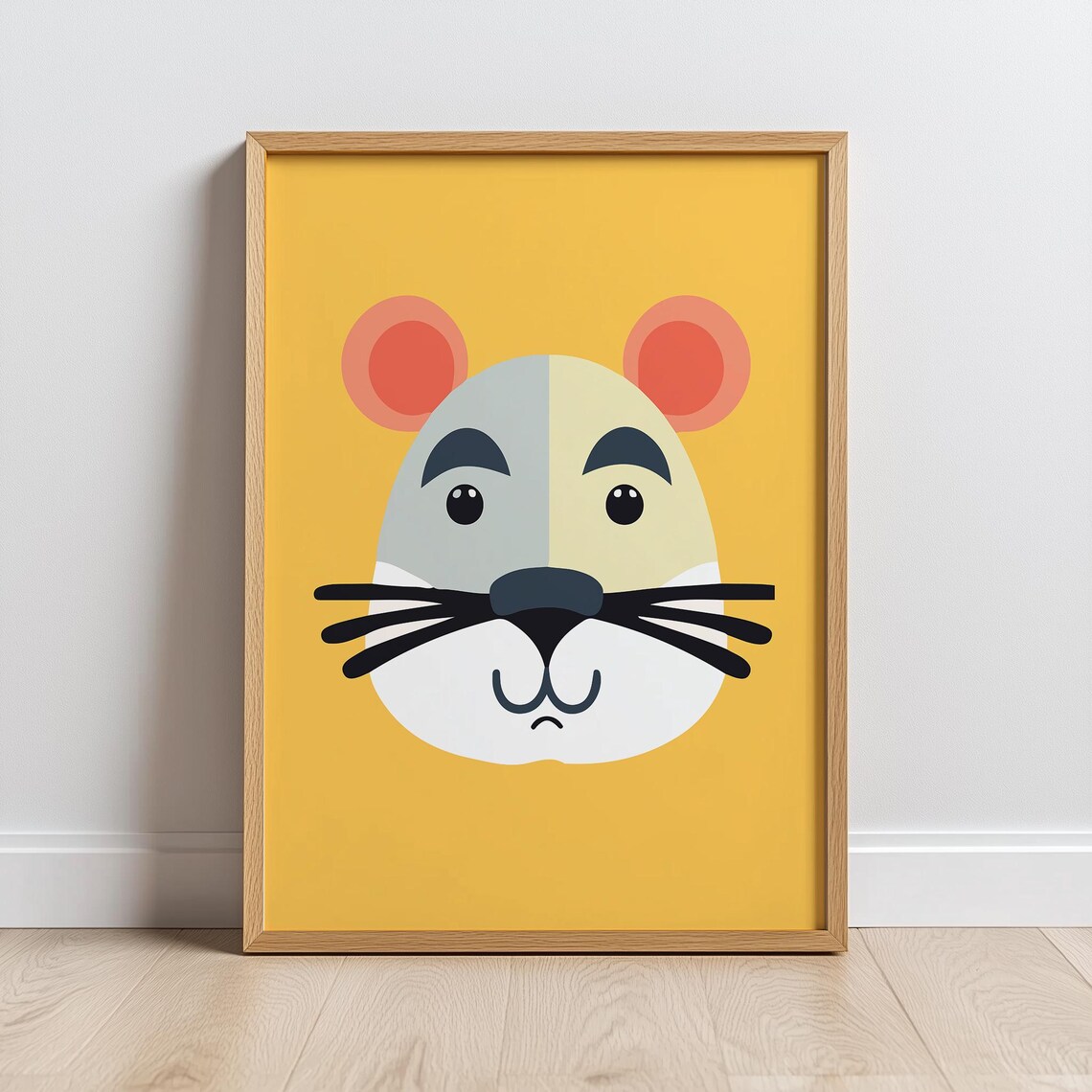 Minimalist Mouse Face On Yellow Nursery Kids Room Animal Art Poster