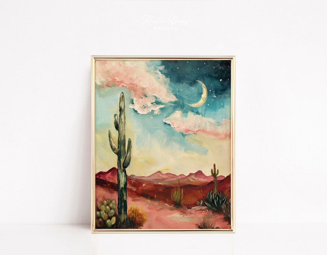 Moody Desert Night Saguaro Cactus Crescent Moon Western Landscape Art