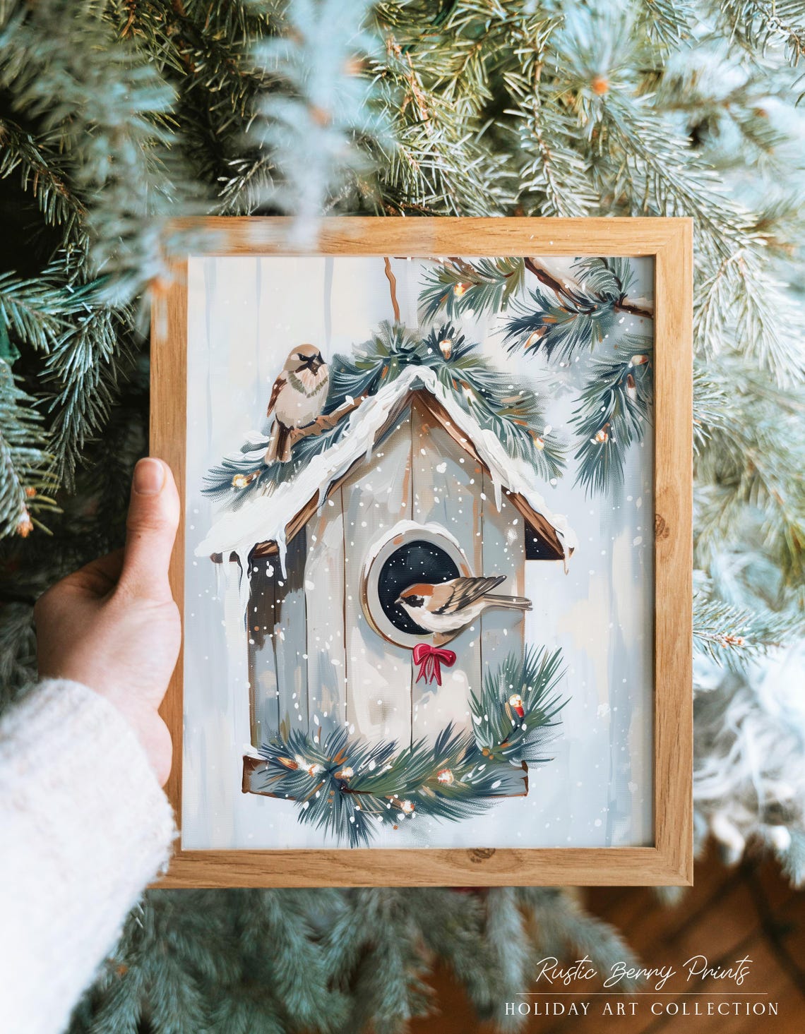 Snowy Birdhouse Winter Birds Pine Boughs Christmas Wall Print