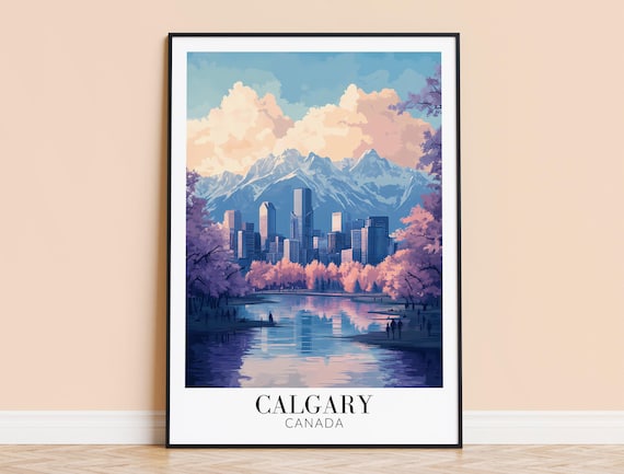 Calgary Canada Skyline River Reflection Mountain Travel Poster