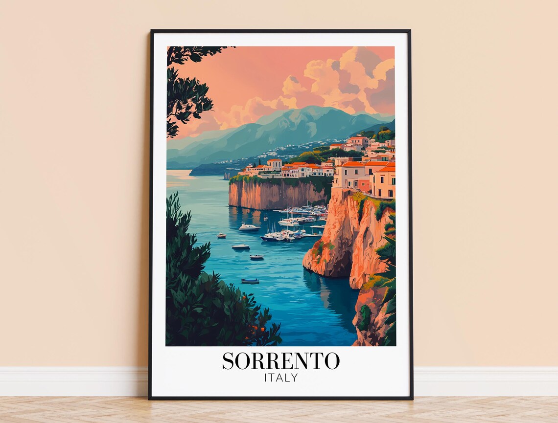 Sorrento Italy Marina Sunset Cliffs Fishing Boats Travel Poster