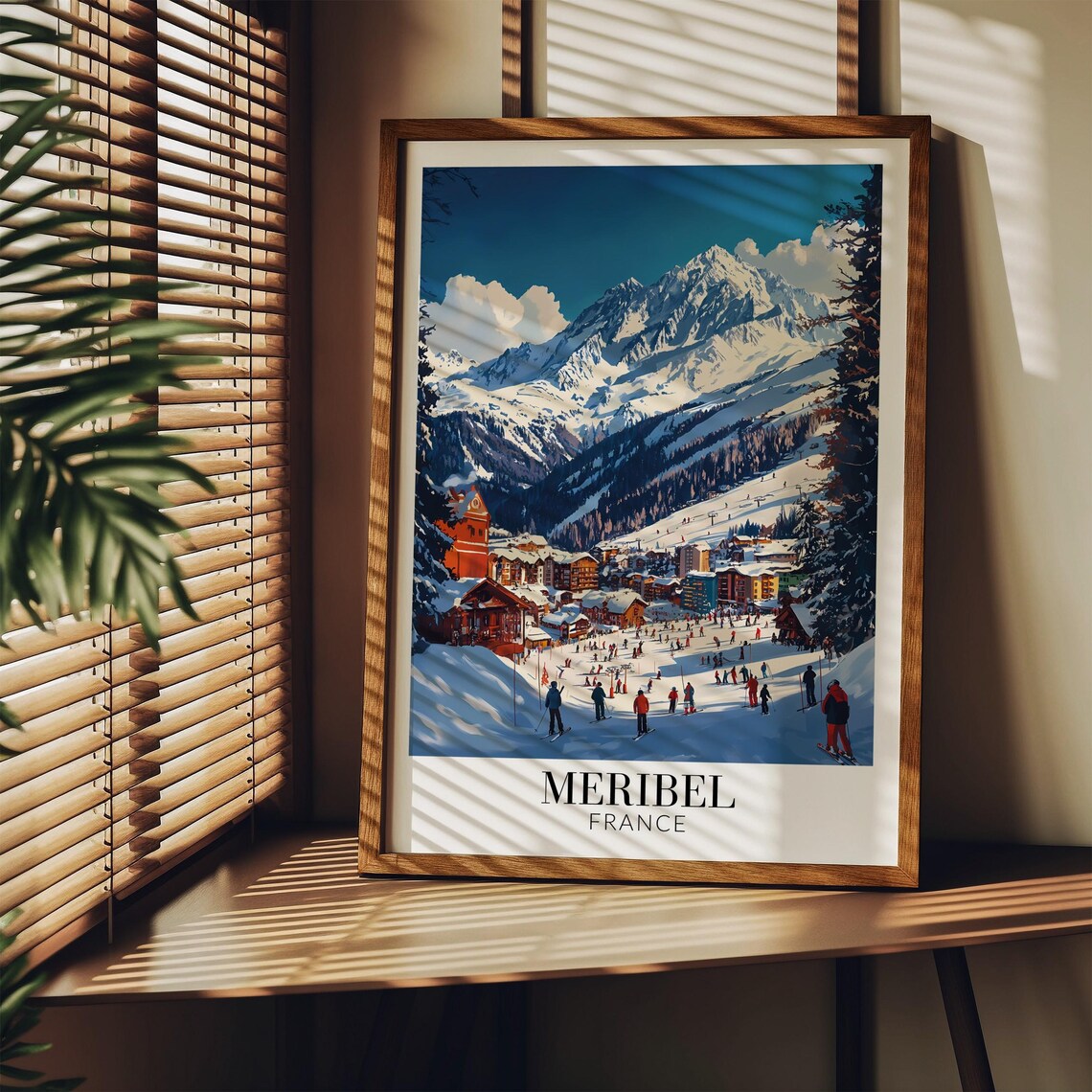 Meribel France Busy Ski Village Under Blue Peaks Travel Poster - Image 3