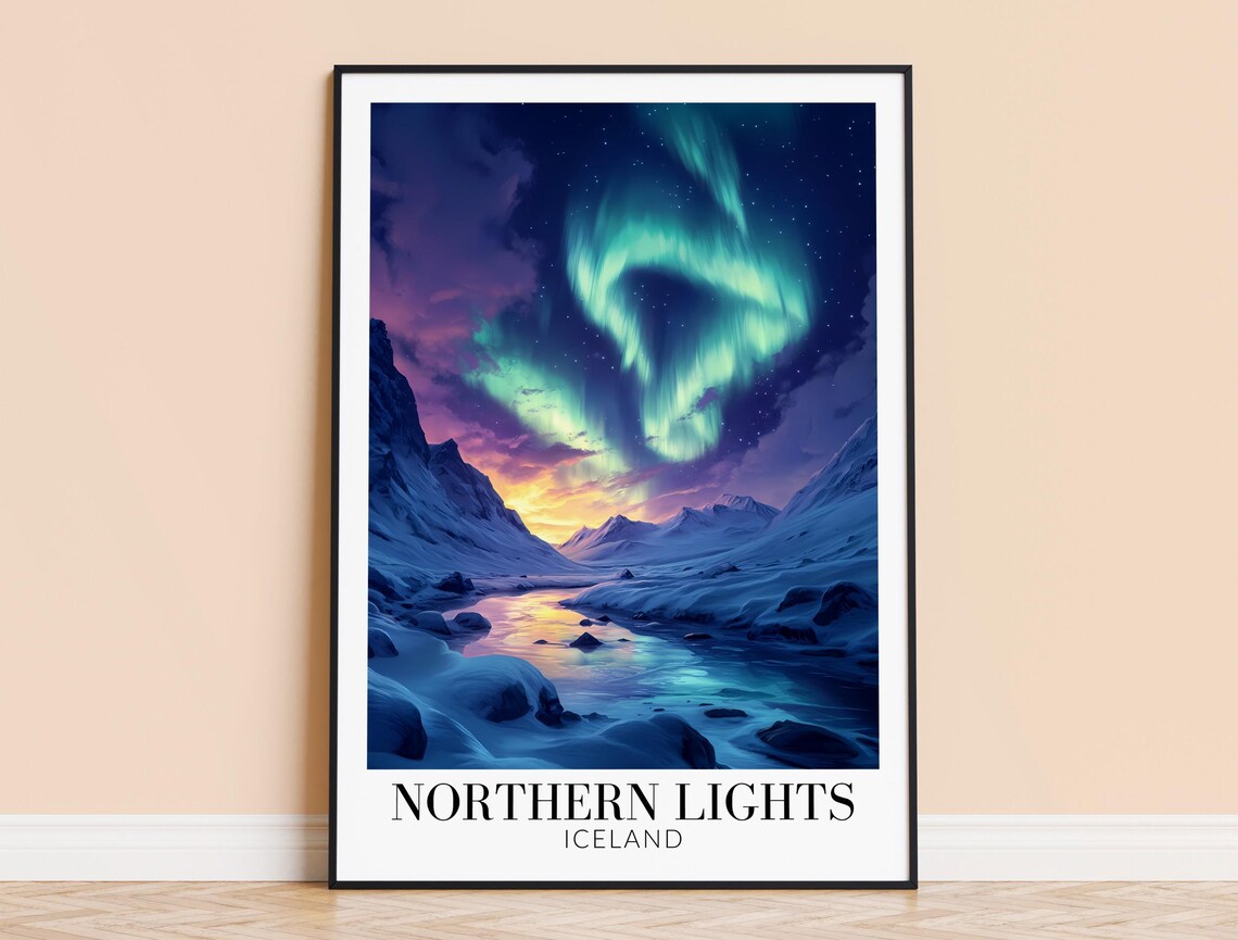 Iceland Northern Lights Aurora Swirl Over Mountain Lake Poster