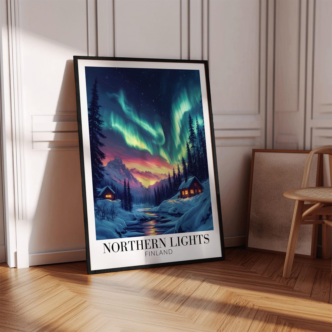 Finland Northern Lights Snowy Cabins Aurora Over Forest Poster - Image 4