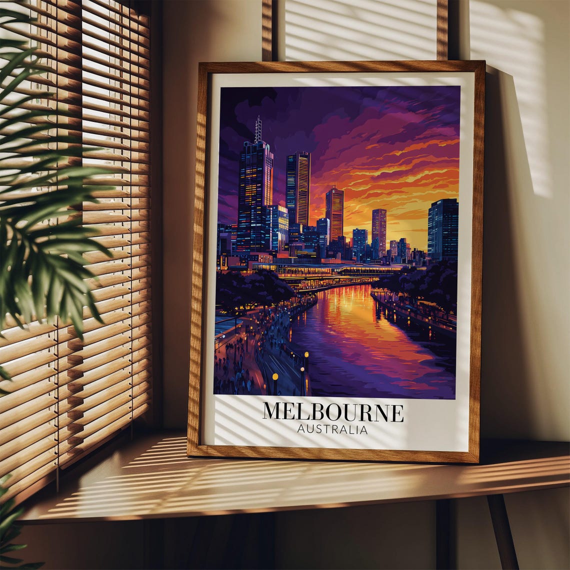Melbourne Australia Purple Neon Night City Skyline Travel Poster - Image 4