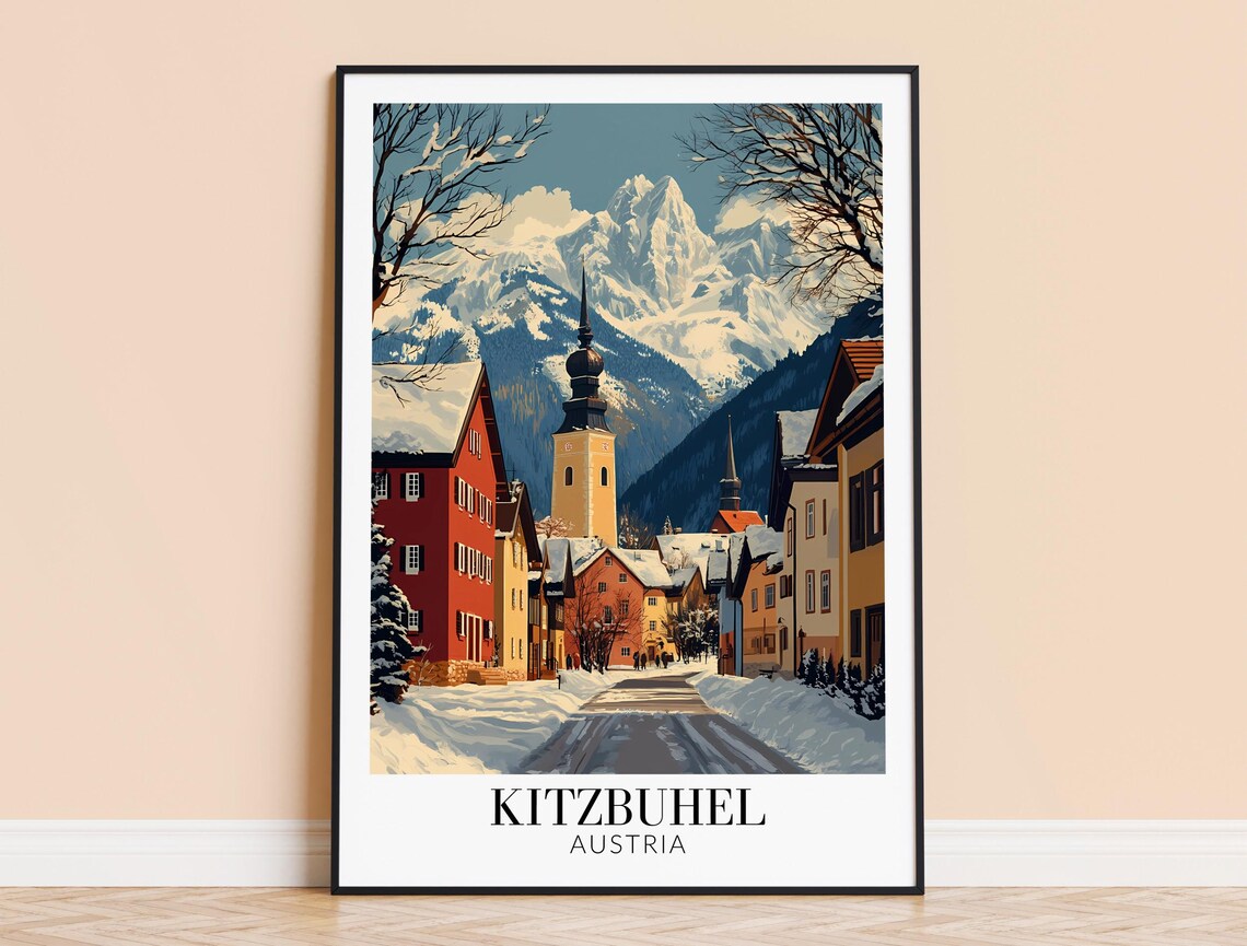 Kitzbuehel Austria Snowy Old Town Street Winter Travel Poster