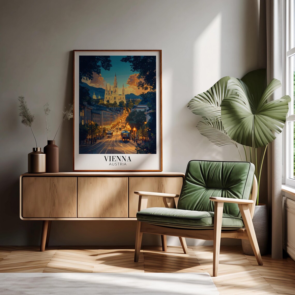 Vienna Austria Sunset Street with Illuminated Church Travel Poster - Image 2