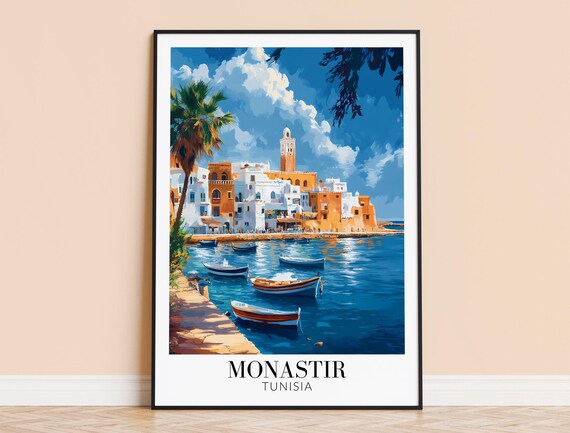Monastir Tunisia Harbor Boats Palm Coastline Travel Poster Art