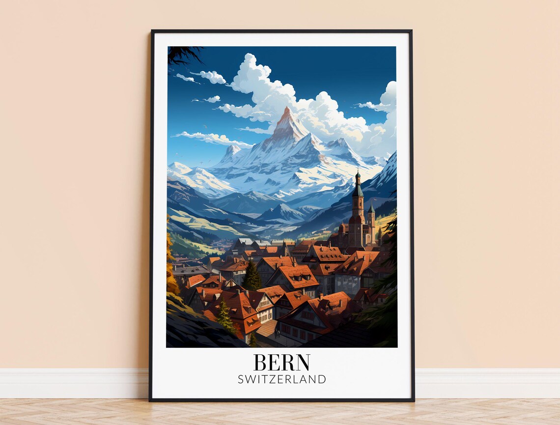 Bern Switzerland Alpine Town With Snowy Peak Retro Travel Poster