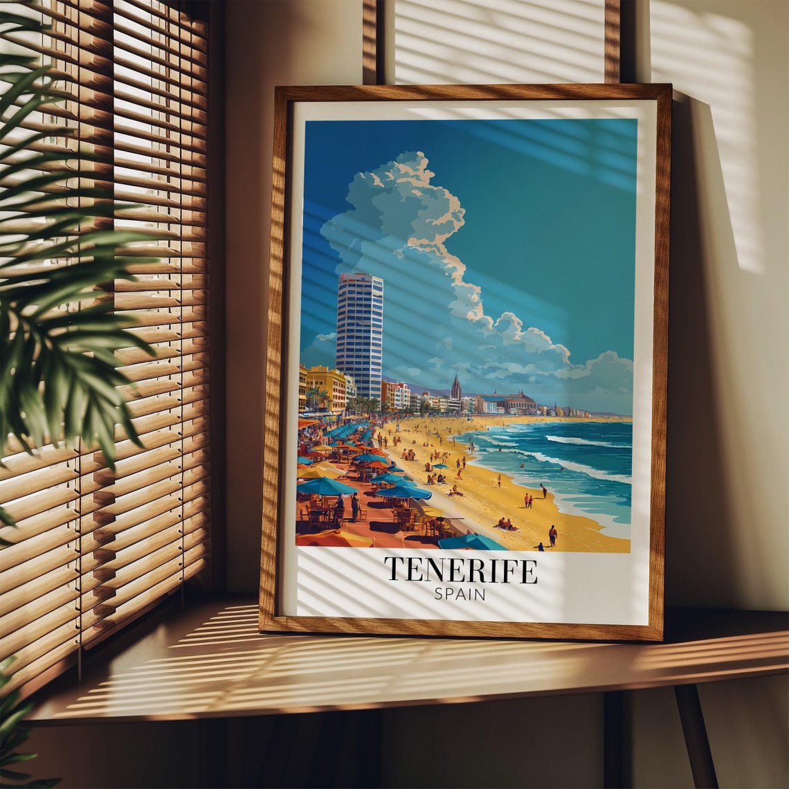 Tenerife Spain Lively Beach Resort Poster With Umbrellas and Surf - Image 2