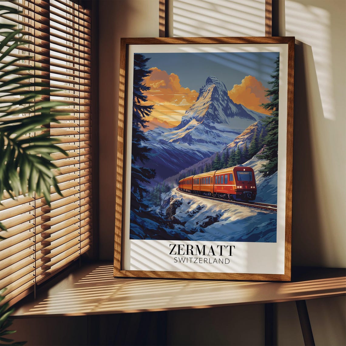 Zermatt Matterhorn Red Alpine Train Snowy Sunset Travel Poster - Image 3